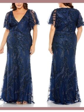 Mac Duggal 68432 Embellished V-Neck Flutter Sleeve Gown size 24W NWT Midnight